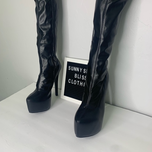 Black Faux Leather Thigh High Stiletto Boots Size 6 - Picture 7 of 14